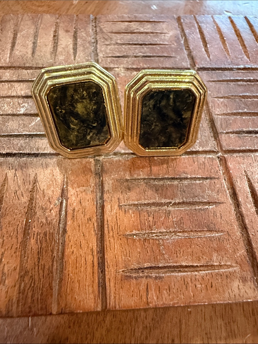 Vintage Avon Gold-Tone Octagonal Clip-on Earrings with Black Marbled Centers